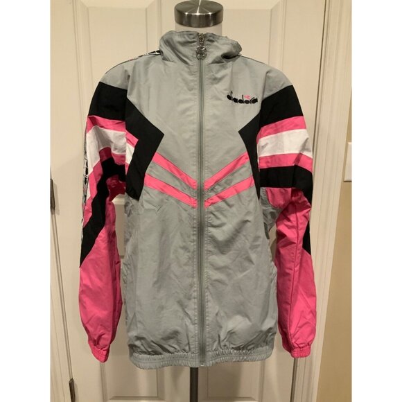 Diadora Men's MVB Windbreaker Gray Pink Full Zip Retro Jacket, Size Medium